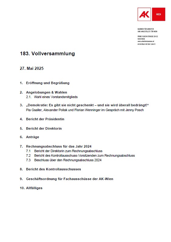 Tagesordnung zur Vollversammlung der AK-Wien am 27.05.2025