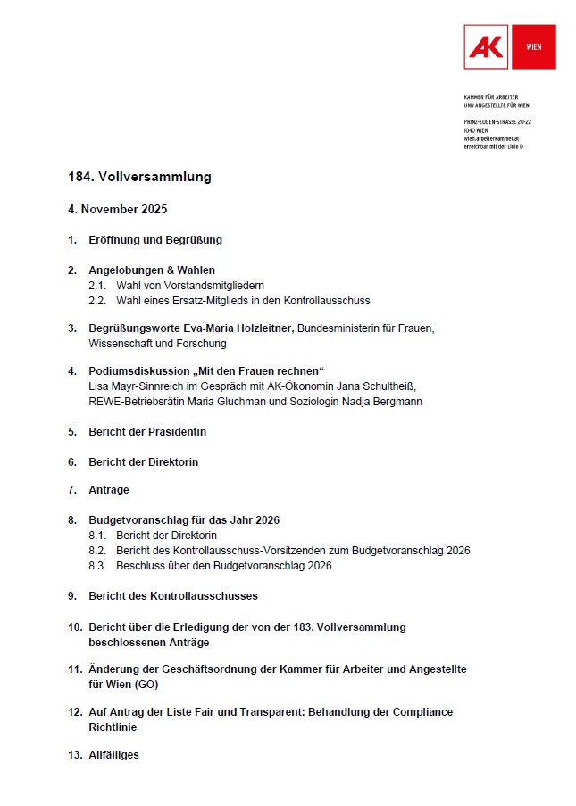 Tagesordnung zur Vollversammlung der AK-Wien am 04.11.2025
